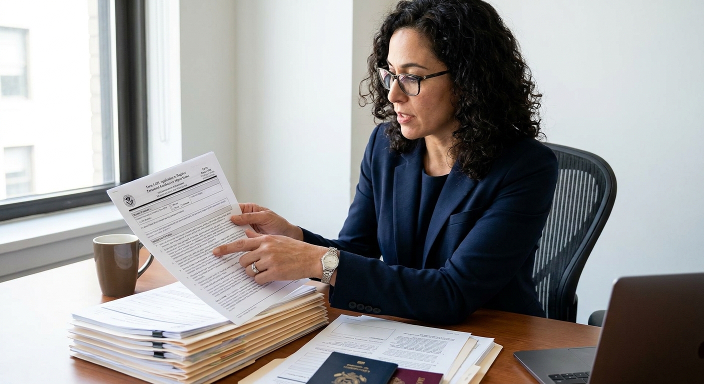 Una abogada revisa formularios para el proceso de ajuste de estatus dentro de Estados Unidos.
