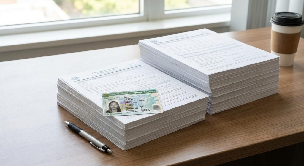 Una Green Card estadounidense destacada sobre una mesa con formularios de ajuste de estatus dentro de Estados Unidos.