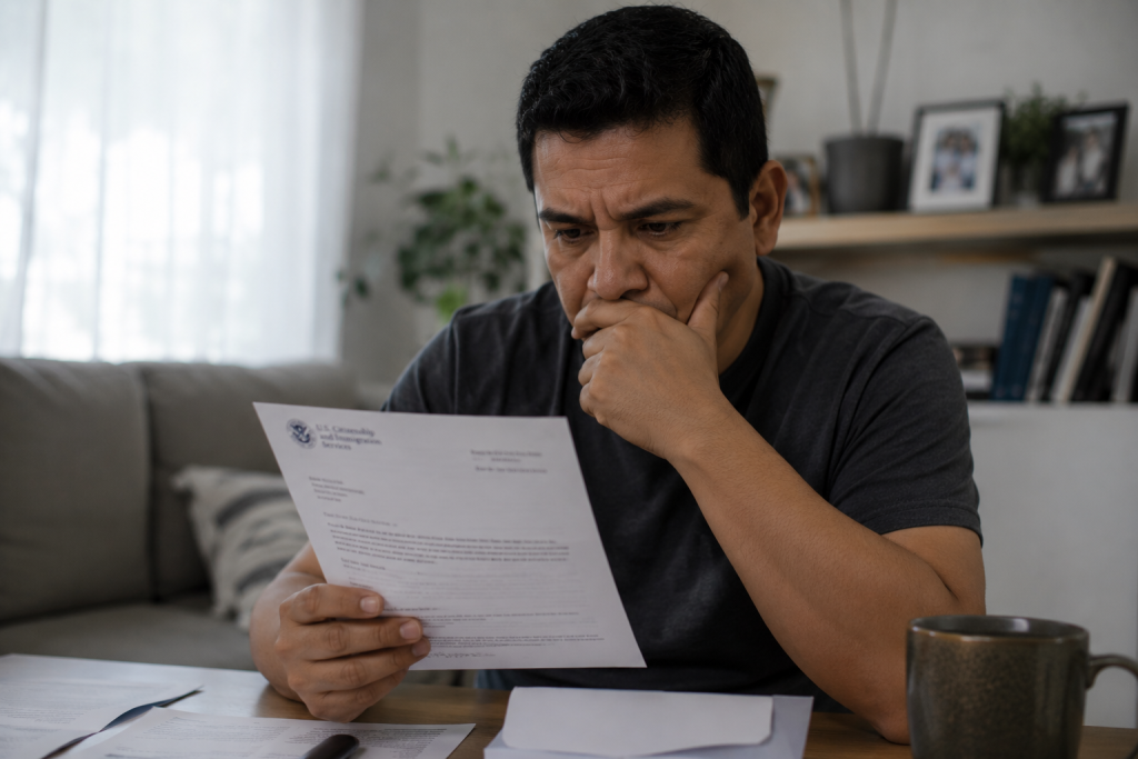 Hombre leyendo la carta de uscis que recibió