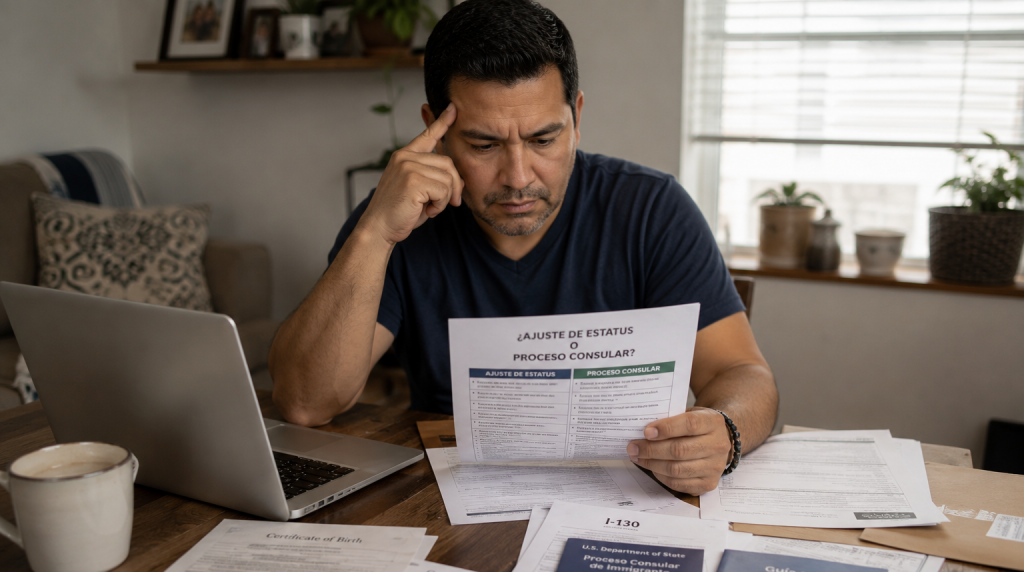 padre inmigrante revisando documentos para decidir si le conviene ajuste de estatus o proceso consular para su green card