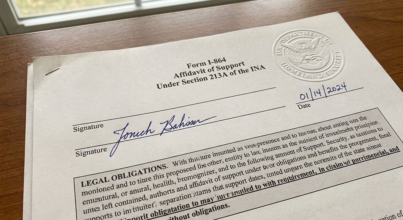 Documento oficial del Formulario I-864 que muestra el requisito de ingresos para un patrocinador de inmigración familiar