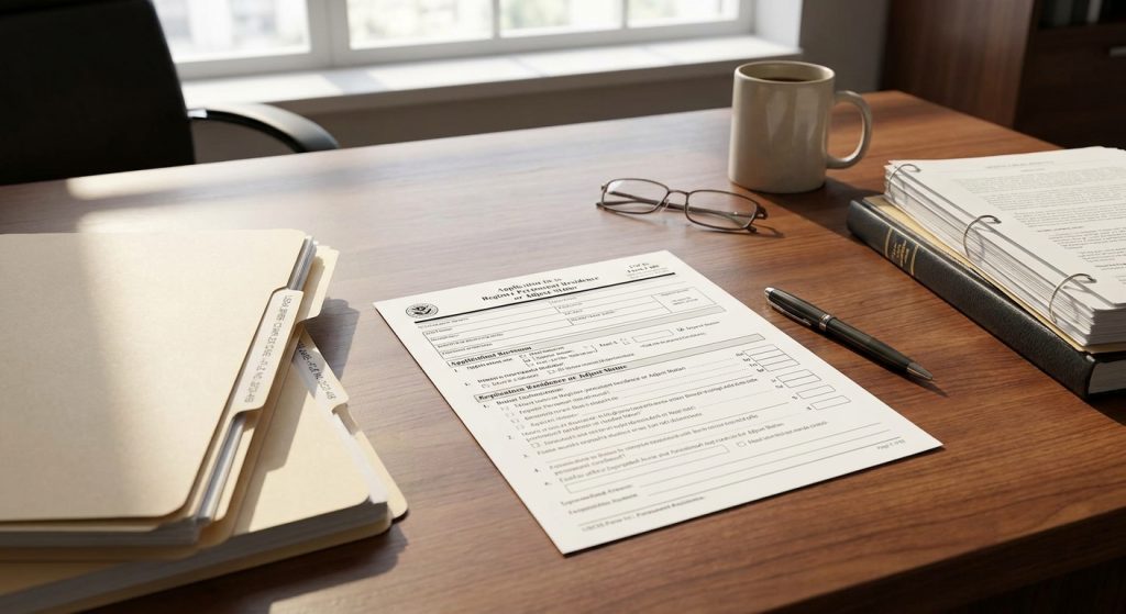 Documentos de antecedentes penales para residencia y formularios de solicitud de Green Card sobre un escritorio.