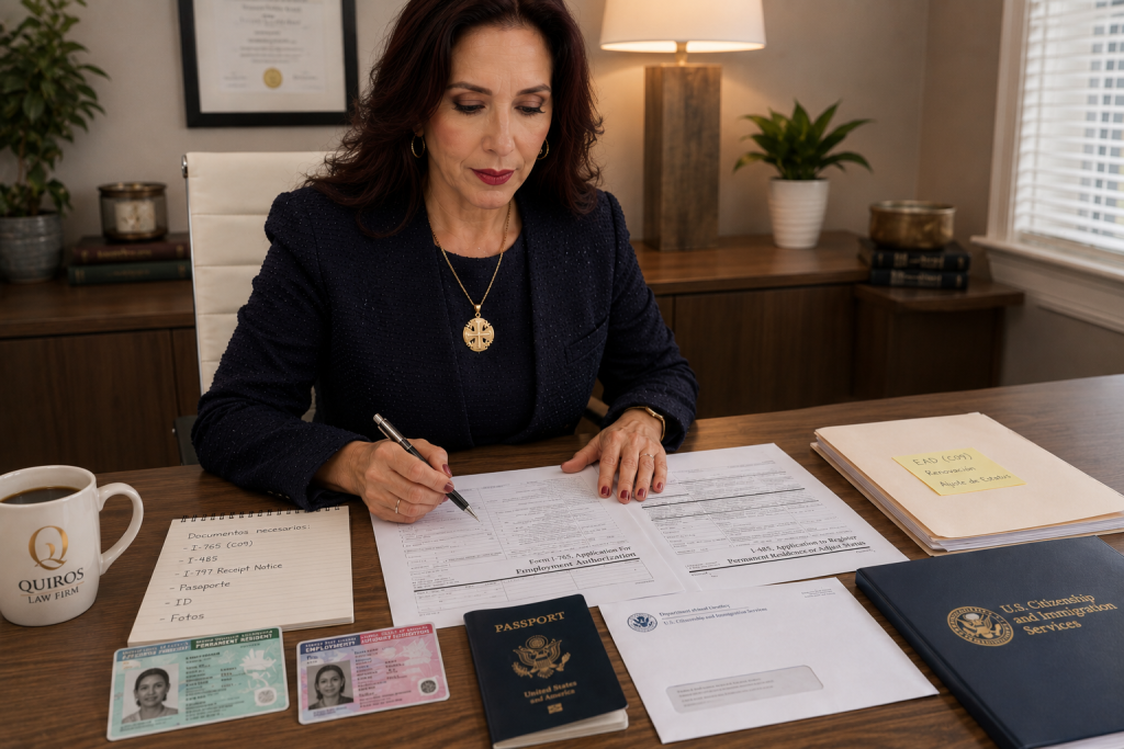 Abogada revisando un permiso de trabajo por Ajuste de estatus (ead c09)