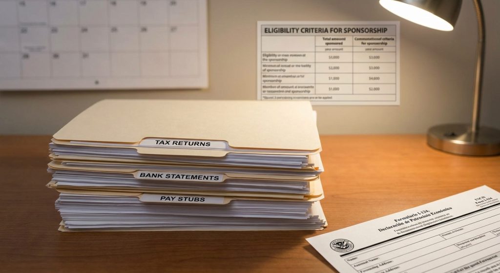 El formulario i-134 y documentos financieros apilados sobre un escritorio.