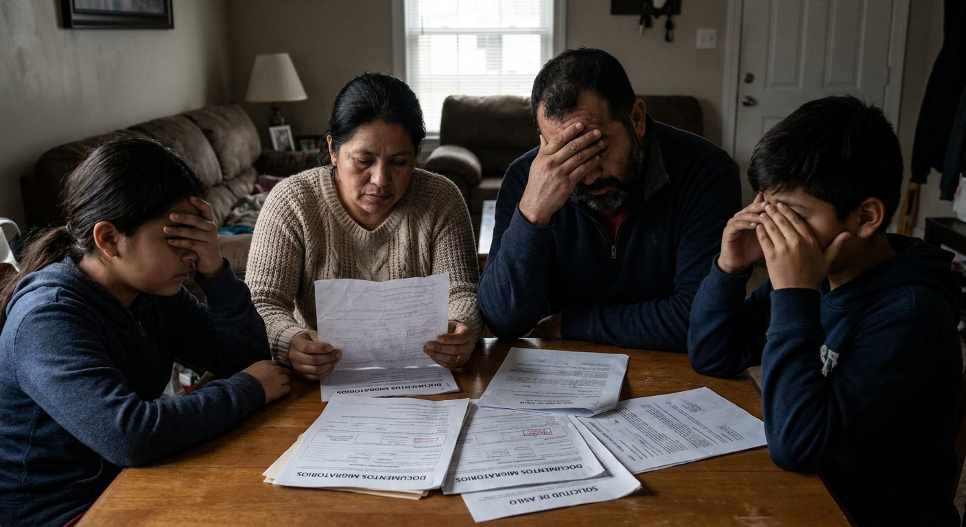 Familia reunida revisa documentos, reflejo del impacto de su carta de extremo sufrimiento para inmigración.