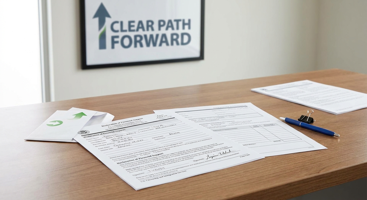 Formularios migratorios con un formulario i-134 completo, indicando avance.