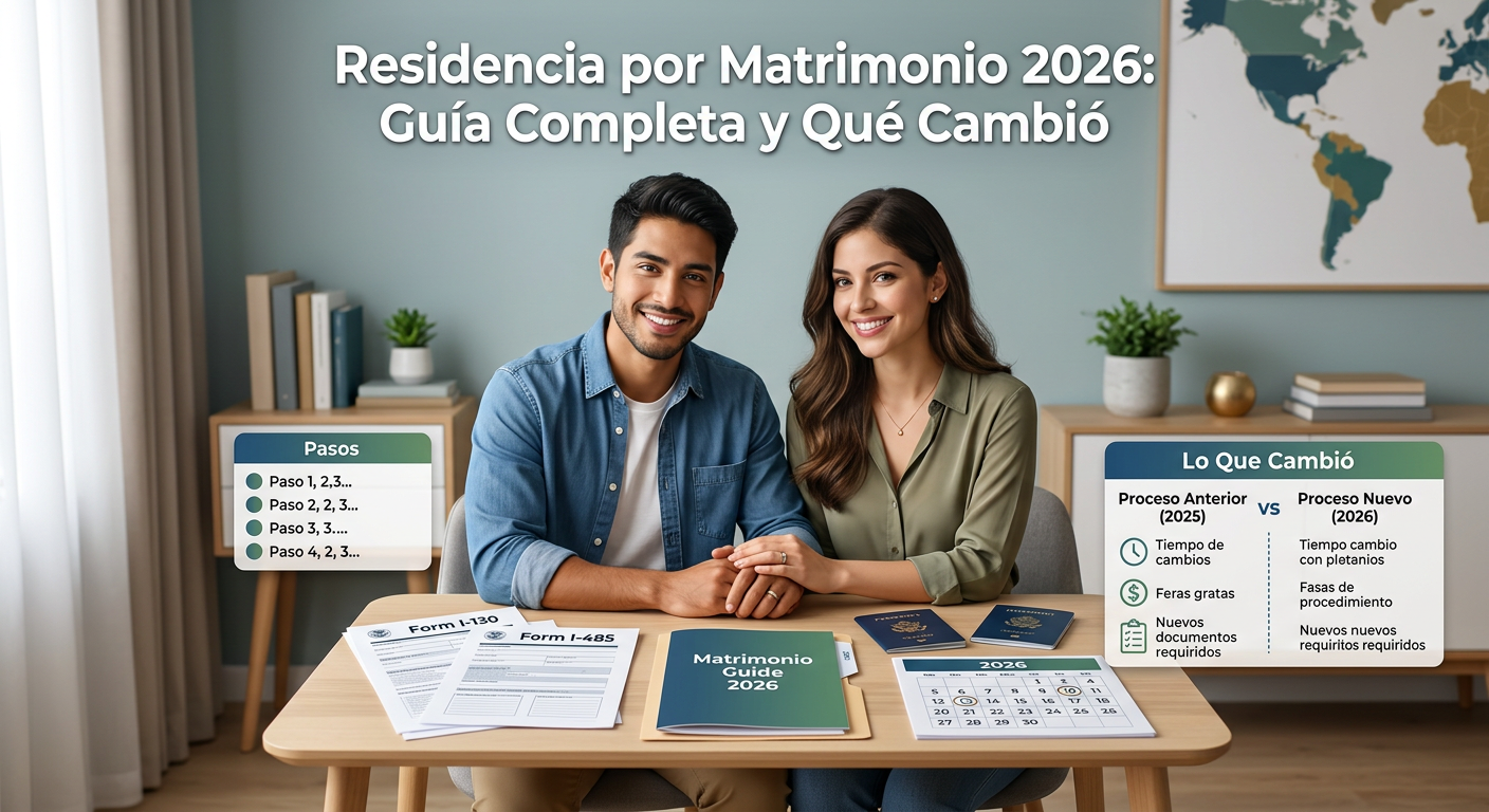 Pareja sonriente con los documentos y formularios I-130 e I-485 para tramitar la residencia por matrimonio en 2026
