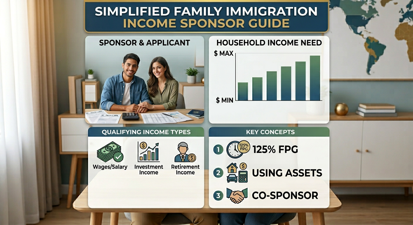 Infographic showing the income requirement for a family immigration sponsor, including household income thresholds, qualifying income types, and key concepts like the 125% poverty guideline