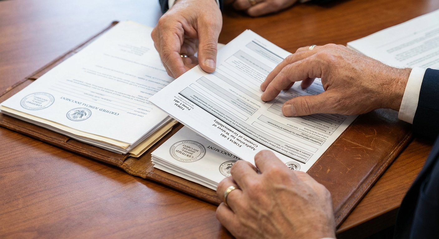 Manos organizando documentos judiciales y un Formulario I-601 para antecedentes penales en residencia.