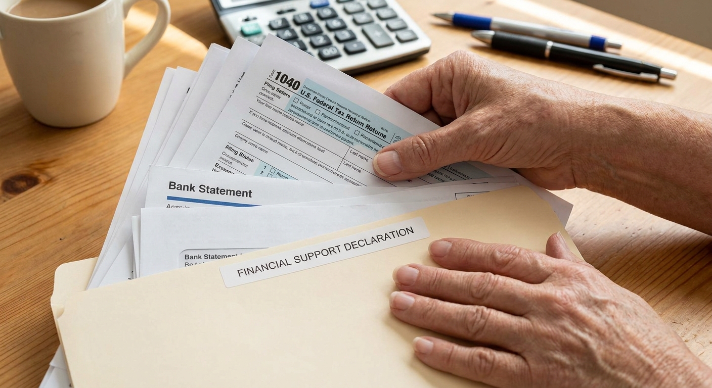 Manos preparando documentos para el formulario i-134 en una carpeta.