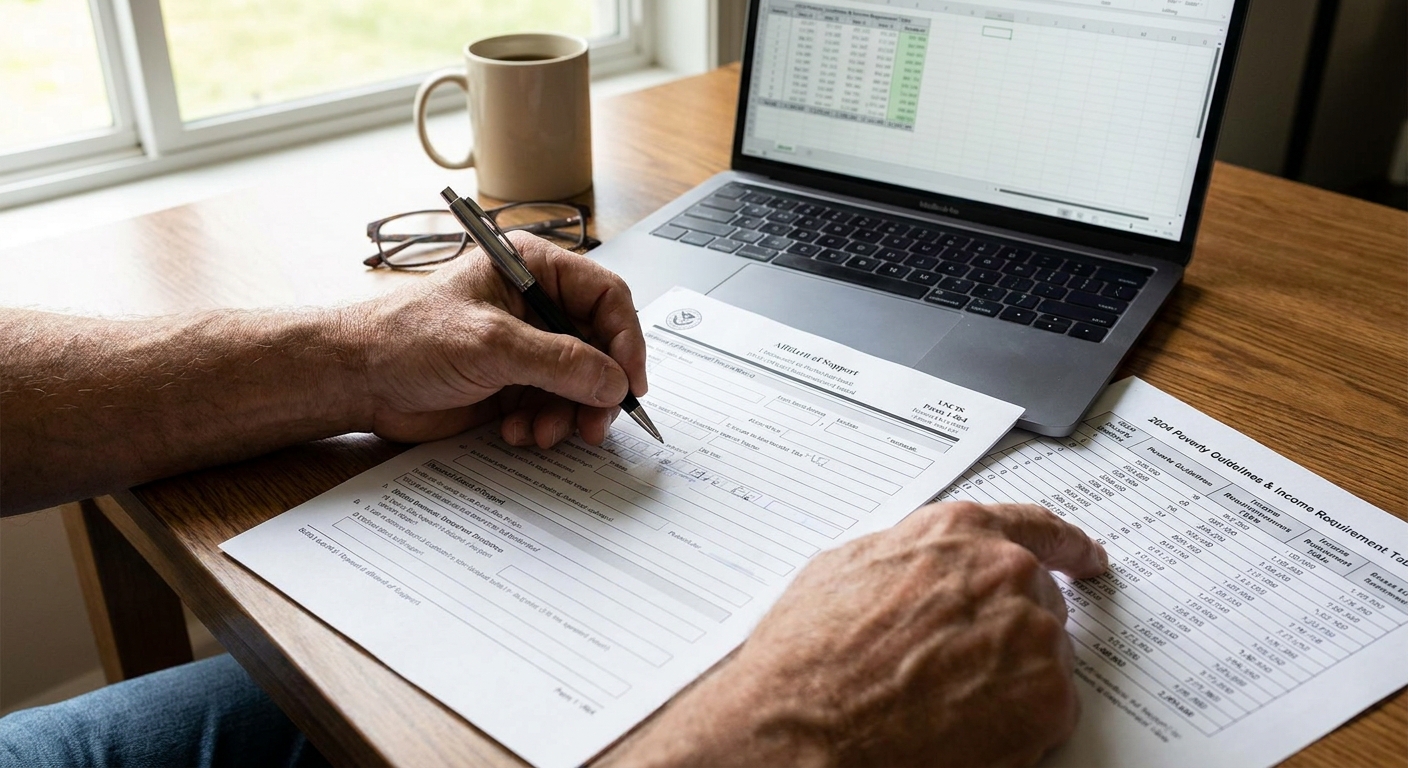 Manos rellenando el formulario i-864, verificando los ingresos en una tabla comparativa.
