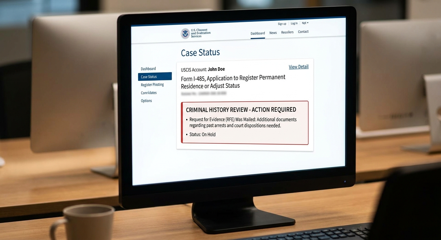 Pantalla de computadora mostrando un estado de caso USCIS complejo por antecedentes penales para residencia.