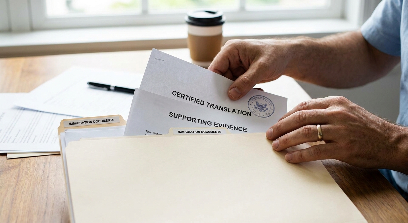 Preparando una solicitud: adjuntando traducción certificada y evidencia a la carta para inmigración.