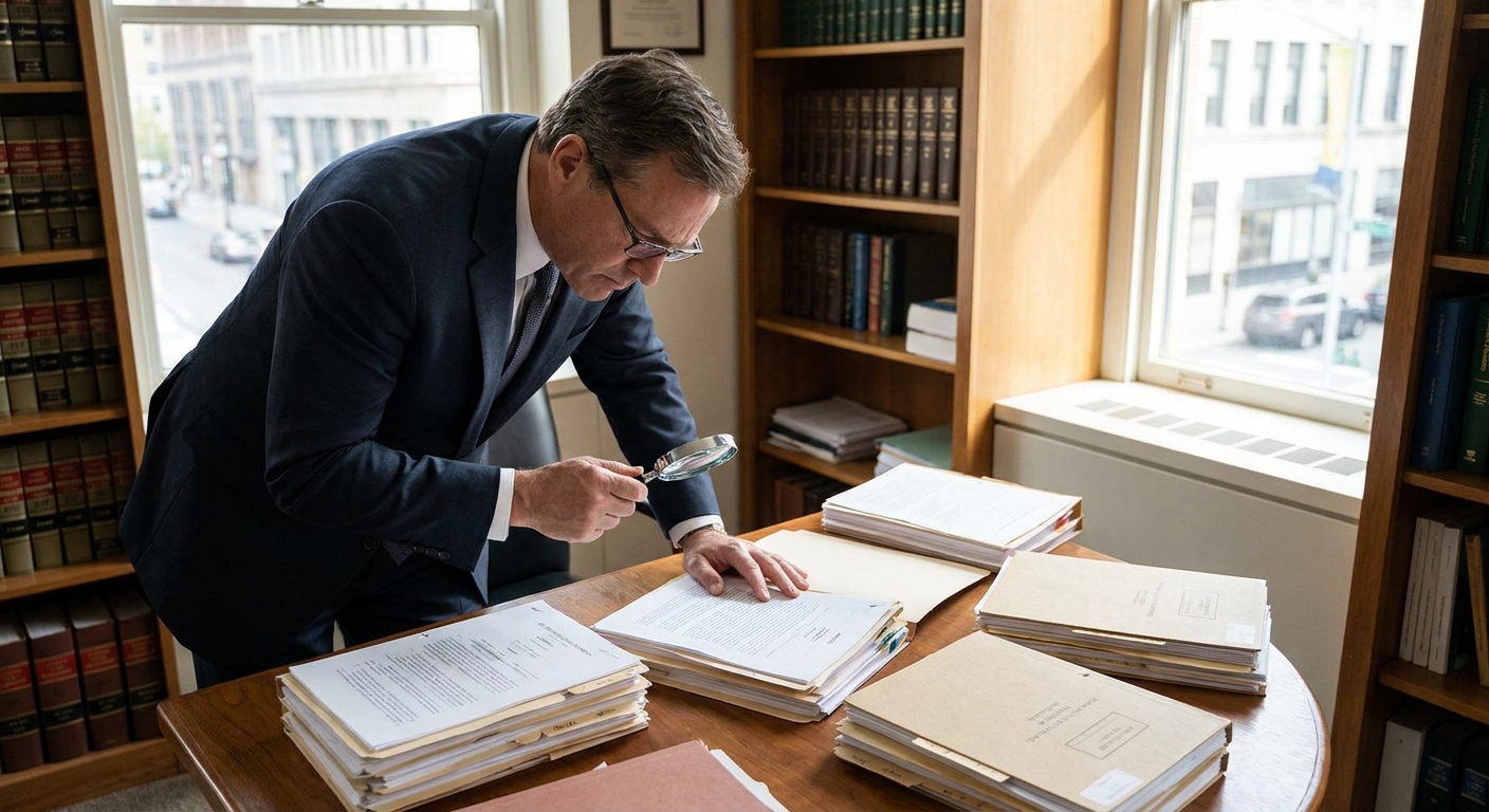 Una abogada revisando cuidadosamente expedientes con antecedentes penales para residencia en su oficina legal.