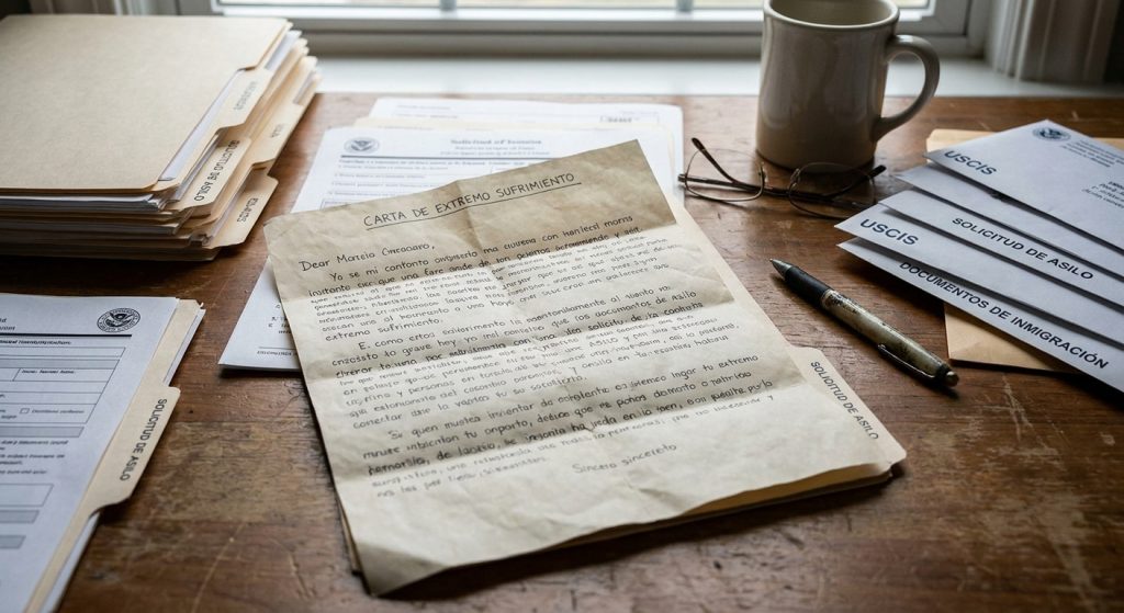 Una carta de extremo sufrimiento para inmigracion cuidadosamente presentada entre documentos legales sobre un escritorio.