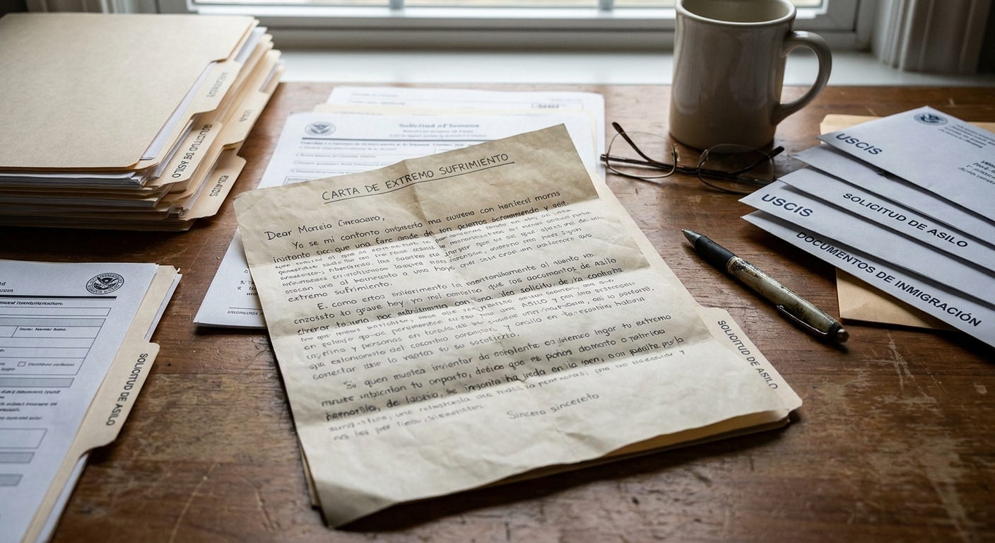 Una carta de extremo sufrimiento para inmigracion cuidadosamente presentada entre documentos legales sobre un escritorio.