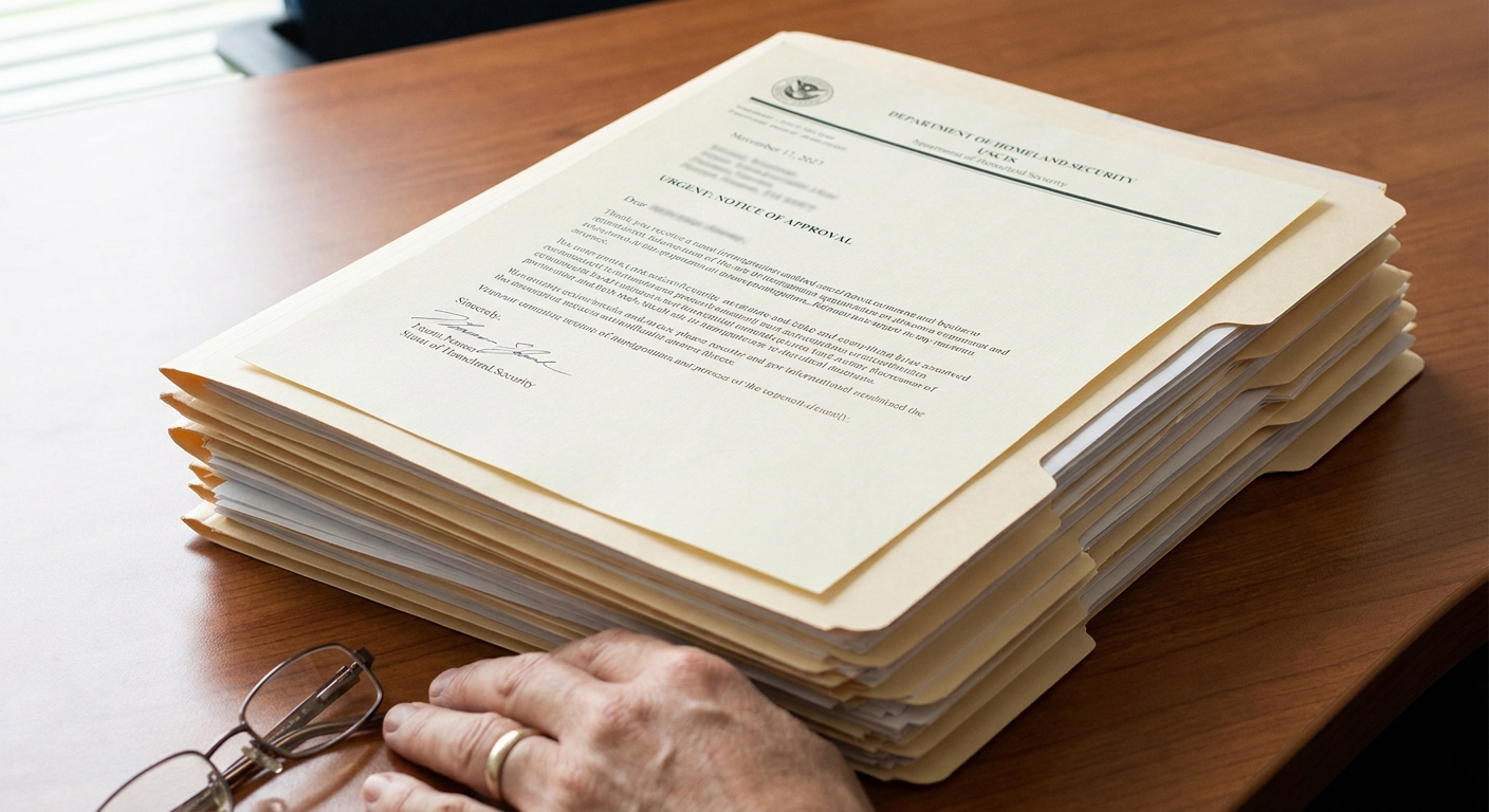 Una carta para inmigracion meticulosamente redactada en una pila de documentos legales organizados.