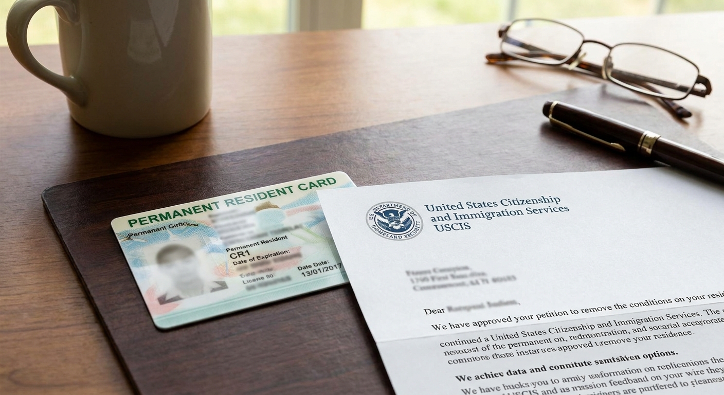 Una green card condicional y su carta de aprobación, resultado del proceso de green card por matrimonio.