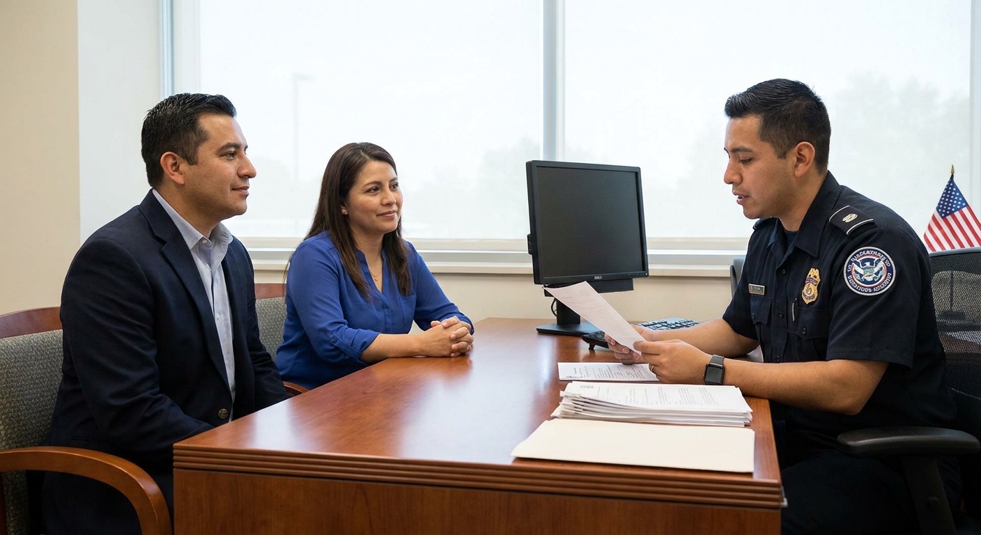 Una pareja respondiendo preguntas en una entrevista de USCIS, validando su carta de buena fe.