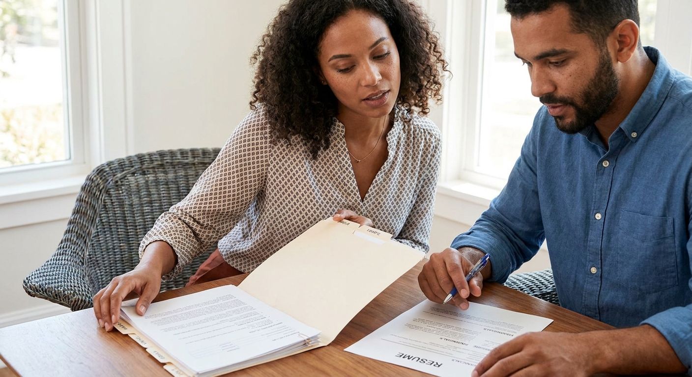 Una pareja revisa meticulosamente formularios y pruebas para su solicitud de green card por matrimonio.