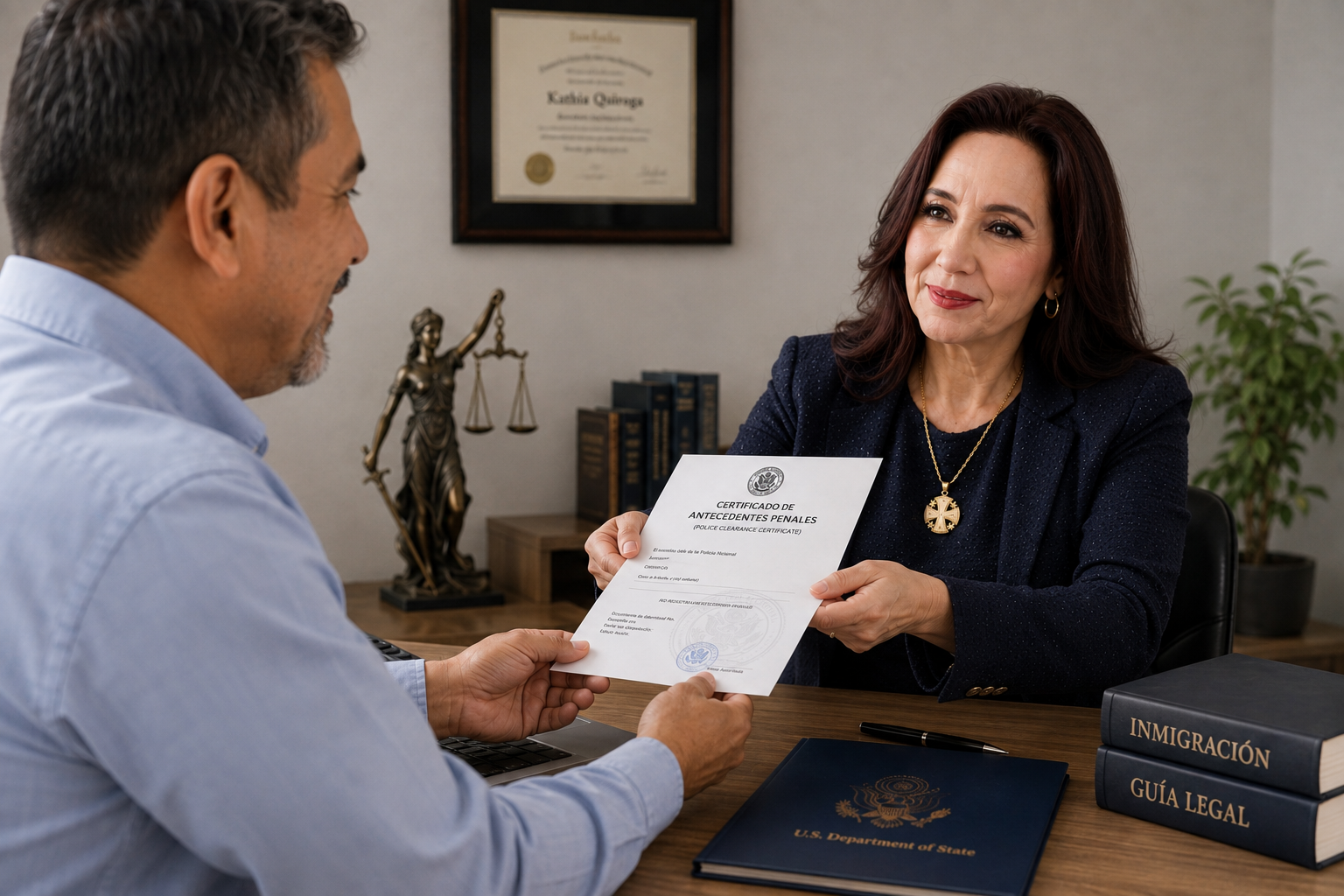 Abogada entregando certificado de antecedentes penales a cliente