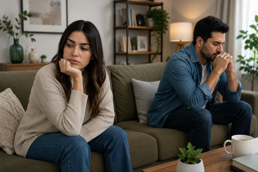 Pareja pensando qué pasa si se divorcian durante un proceso de naturalización por matrimonio