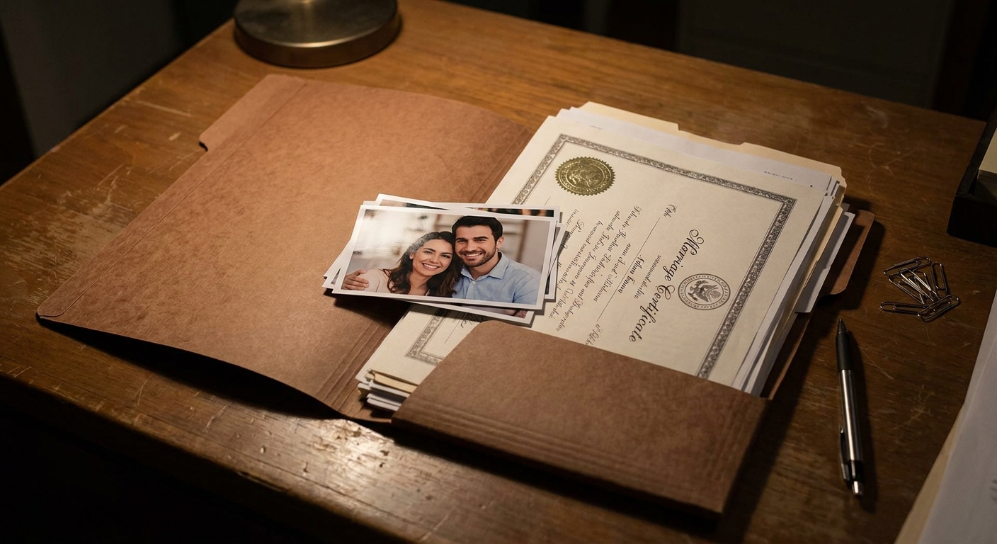 Documentacion y fotos familiares preparadas para las preguntas entrevista de matrimonio uscis en una carpeta.