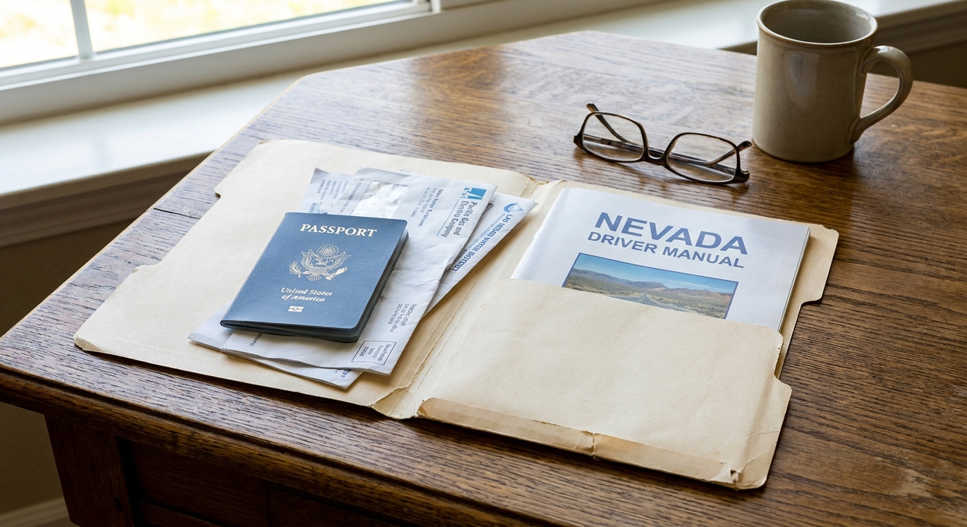 Documentos necesarios para tramitar la licencia de conducir en nevada para inmigrantes sobre una mesa de oficina.