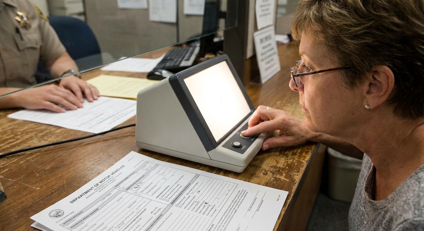 Empleada del DMV realizando el examen de visión a un solicitante en la ventanilla.