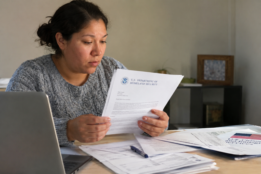 mujer investigando que documentos necesita despues de asilo aprobado I-485