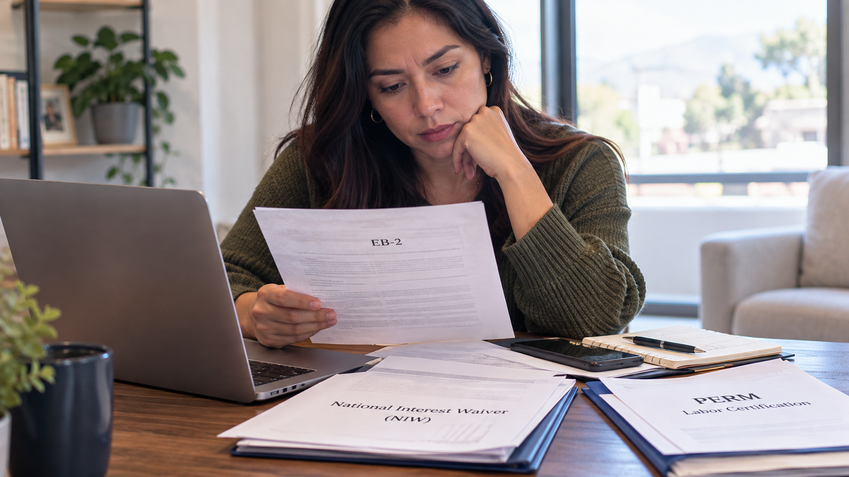 Mujer investigando diferencias EB-2 NIW y PERM