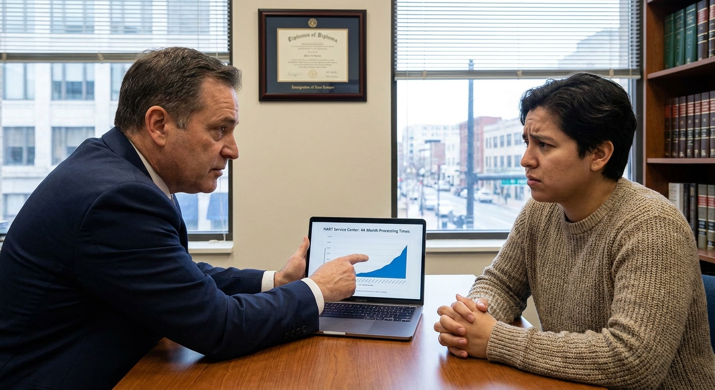 Abogada conversando con un cliente sobre los tiempos de un trámite migratorio