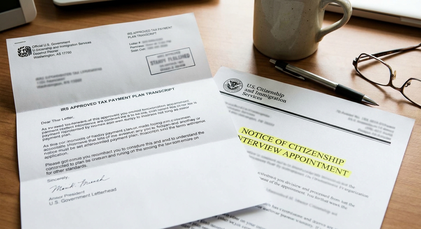 Carpeta con documentos y transcripciones de impuestos organizados para una cita migratoria