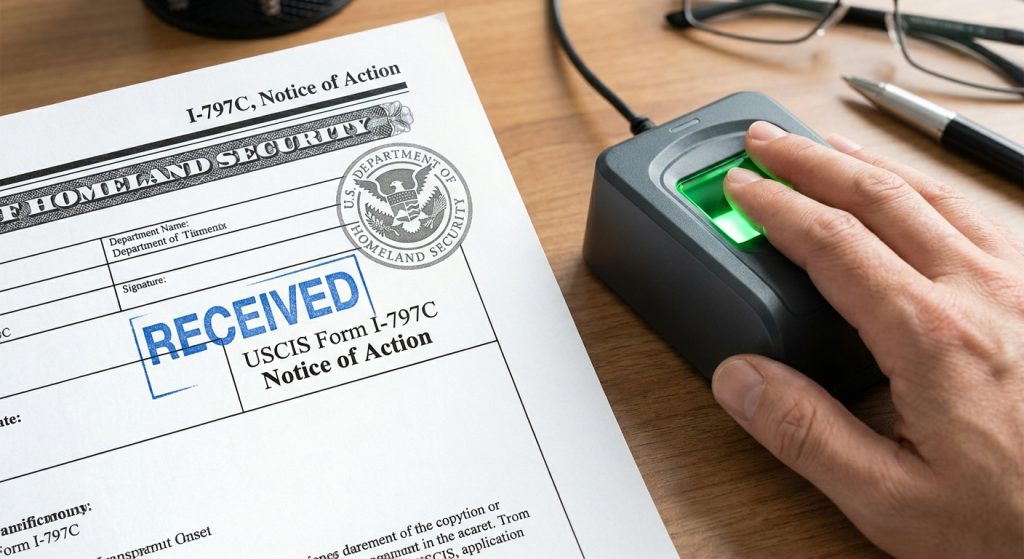 Documento I-797C original sellado tras completar exitosamente la cita biometrica uscis requerida.