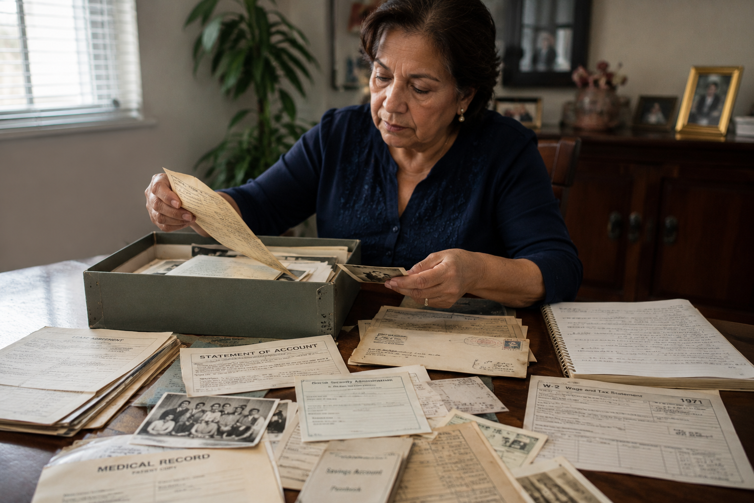 Mujer revisando documentos para registro