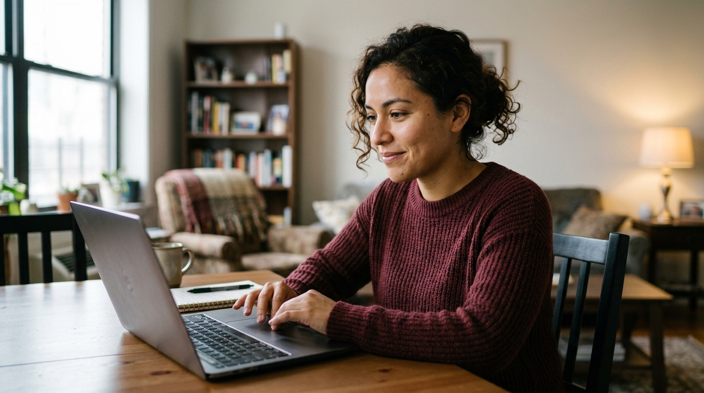 Mujer joven mirando sonriente la pantalla de su computadora portatil en casa.