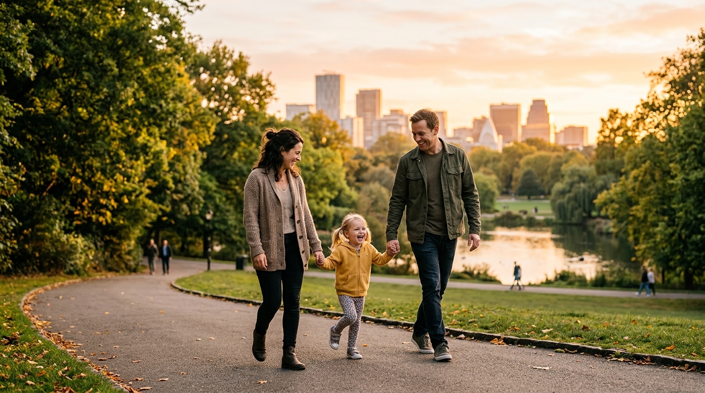 Familia feliz caminando de la mano en un parque bajo la luz del atardecer.