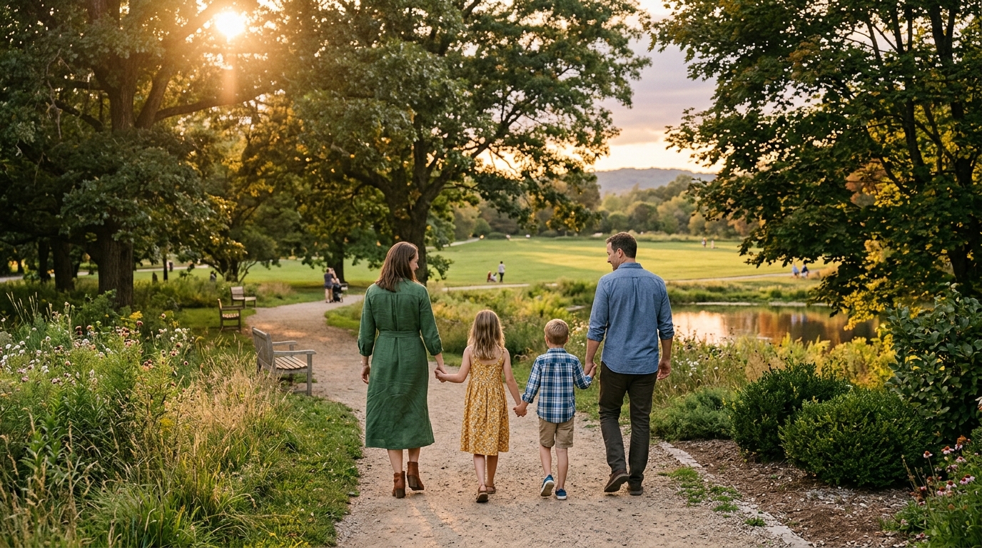 Familia caminando unida en un parque iluminado por el sol al atardecer.