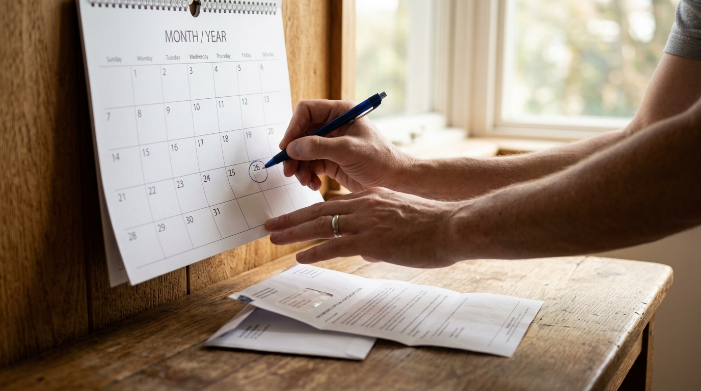 Manos marcando un calendario junto a una carta de aprobacion del permiso de trabajo TPS El Salvador.