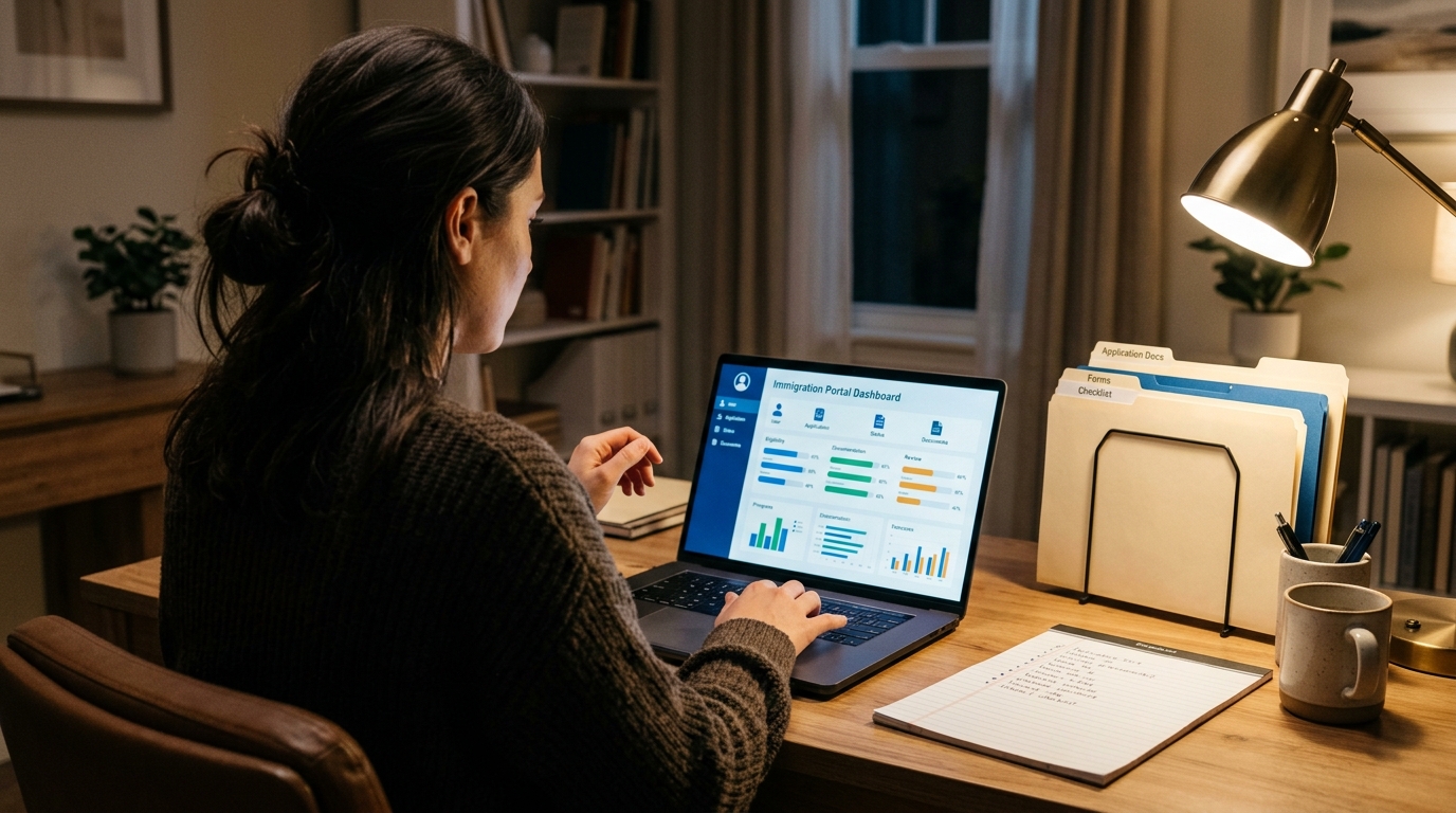 Persona revisando documentos de inmigracion en una computadora portatil dentro de su casa.