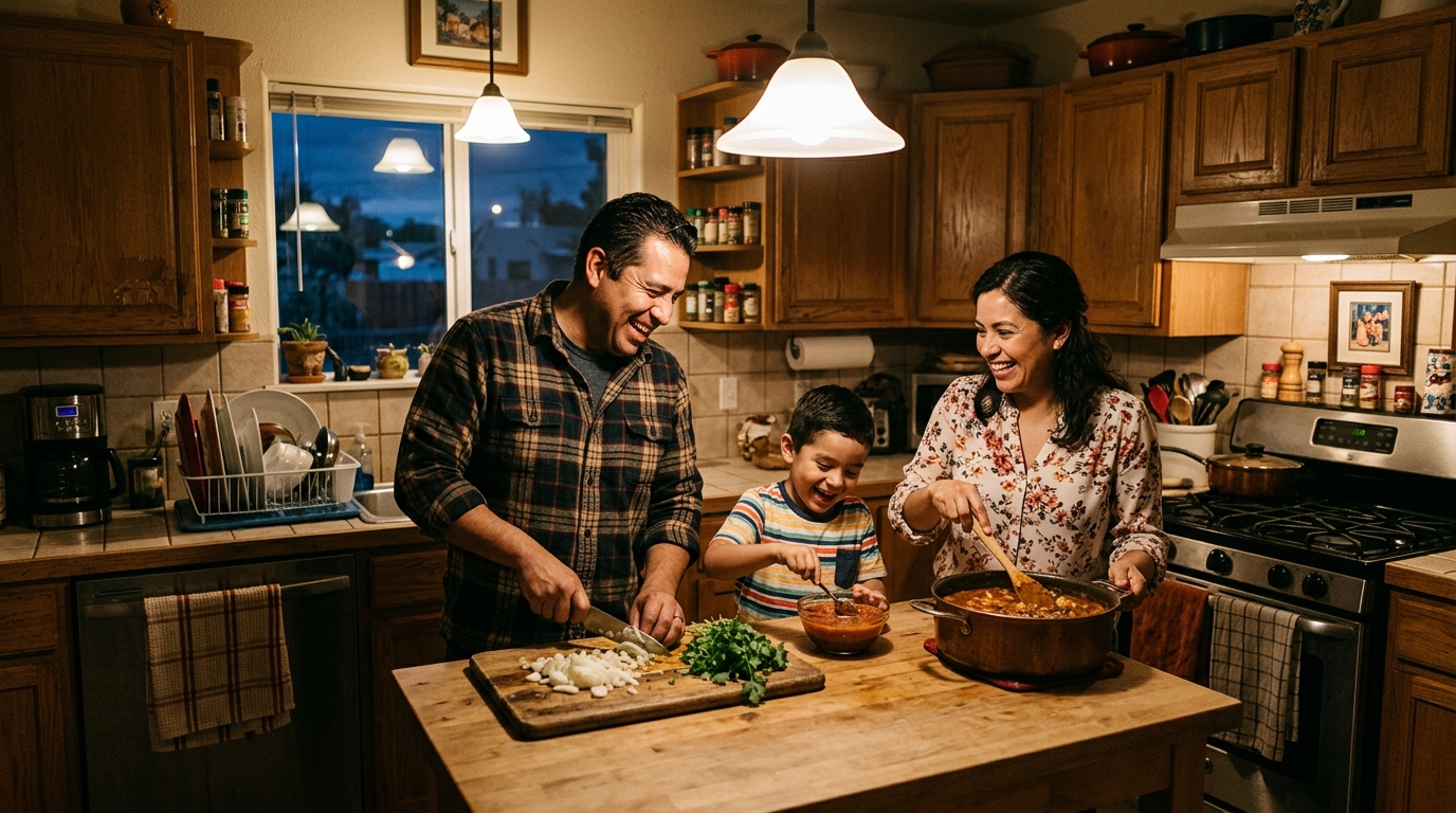 Familia unida preparando la cena en una cocina acogedora con iluminacion calida.