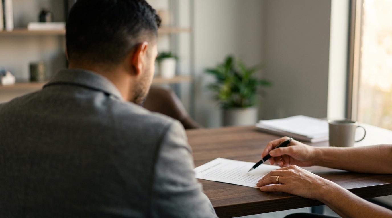 Persona recibiendo asesoria sobre tramites de residencia y empleo frente a una mesa