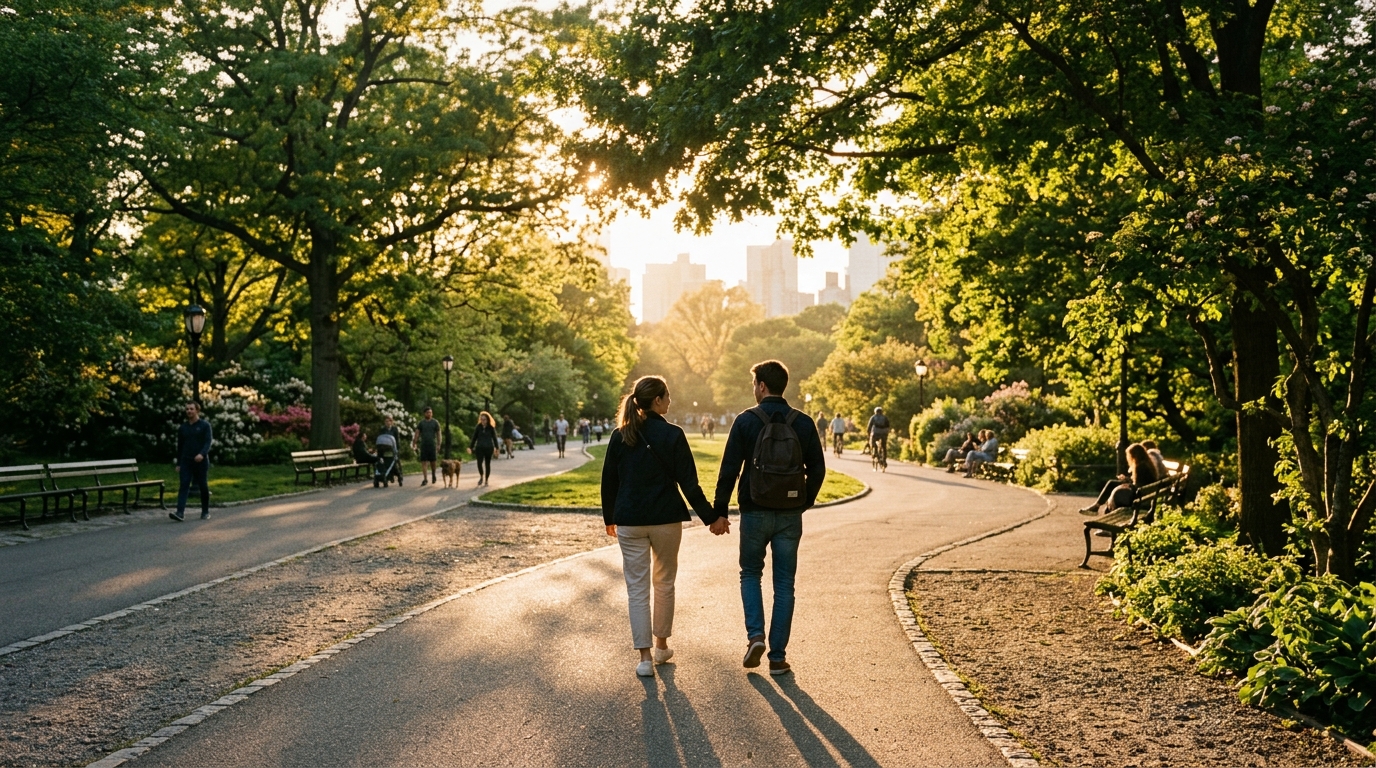 Pareja caminando de la mano por un parque urbano durante un atardecer luminoso