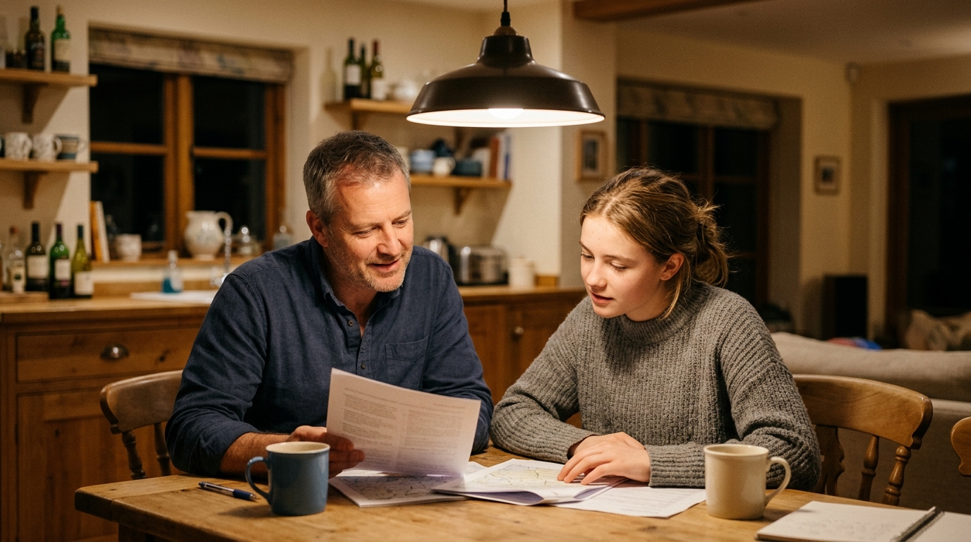 Padre e hija revisando documentos importantes en la mesa de su hogar con esperanza.