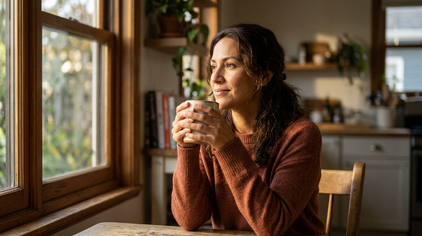 Una mujer mira por la ventana con expresion esperanzadora en su cocina luminosa.