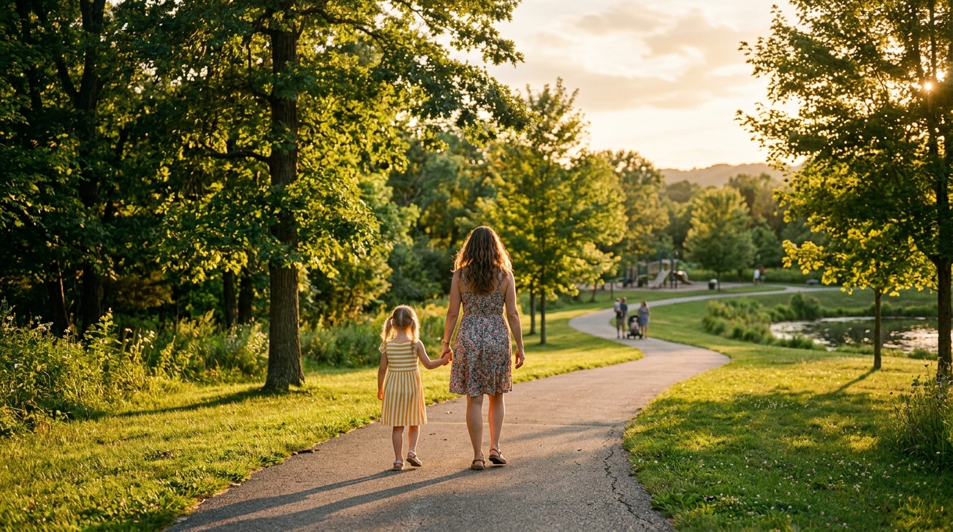 Madre e hija caminando de la mano en un parque tranquilo durante el atardecer.