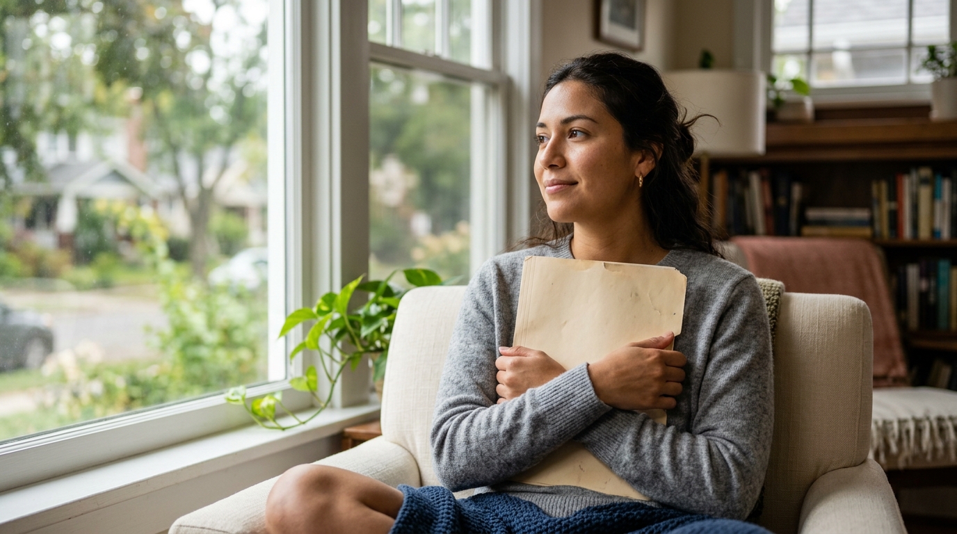 Mujer sentada junto a la ventana mirando con esperanza sosteniendo una carpeta blanca