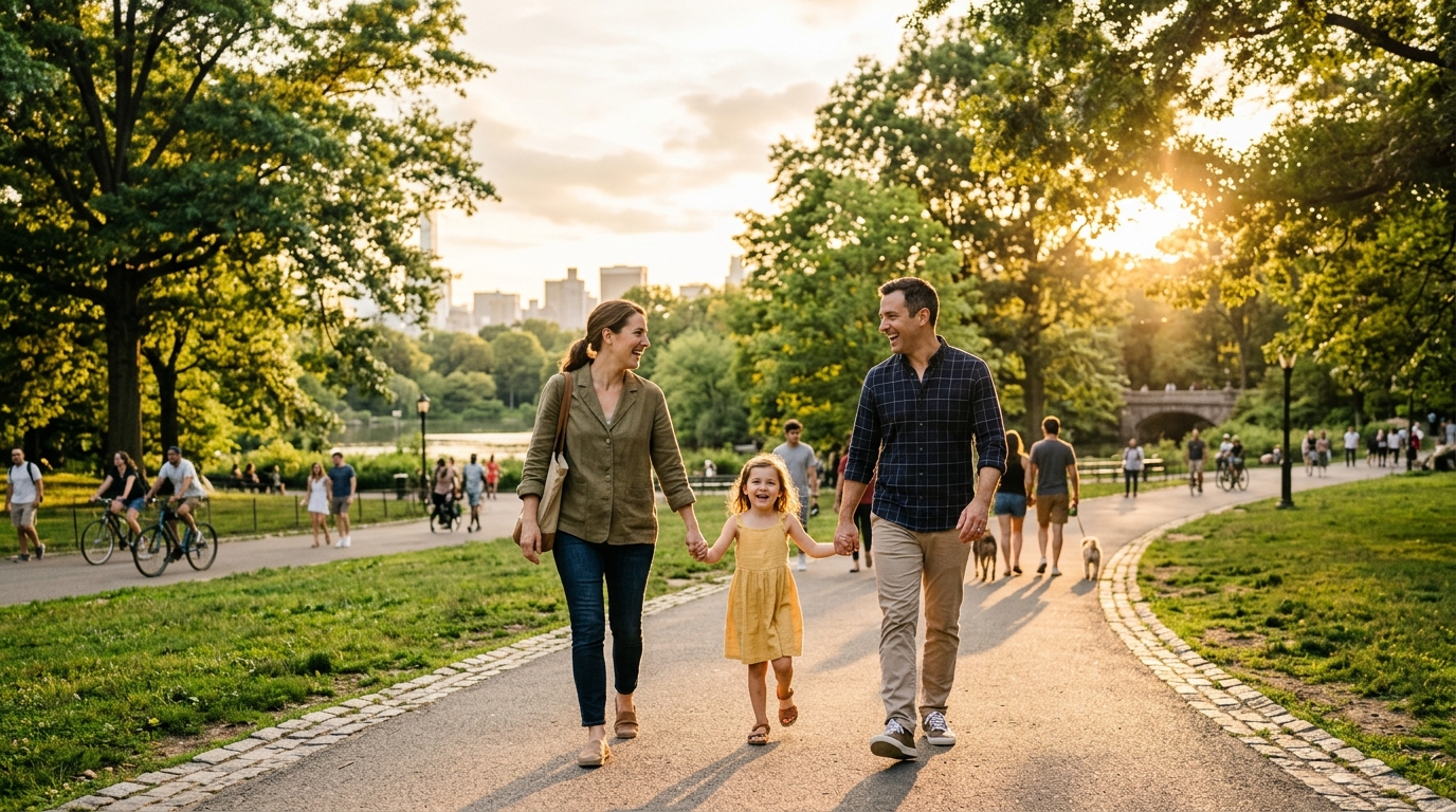Una familia camina unida por un parque durante el atardecer con tranquilidad