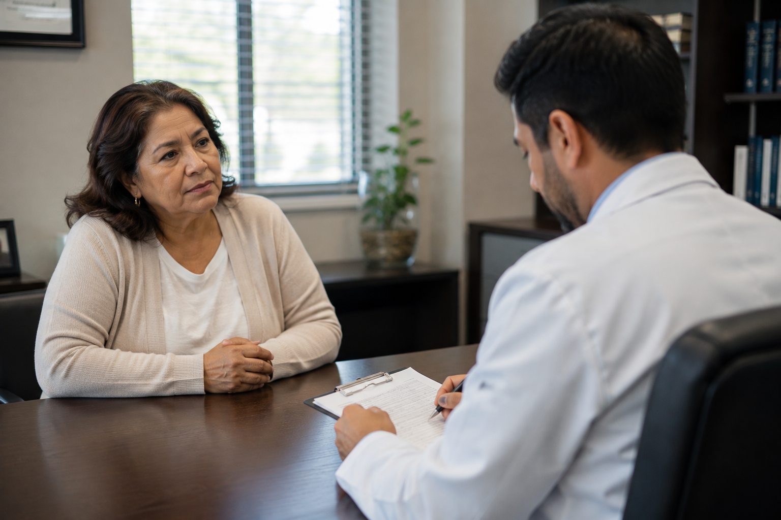 Mujer y doctor revisando condiciones medicas