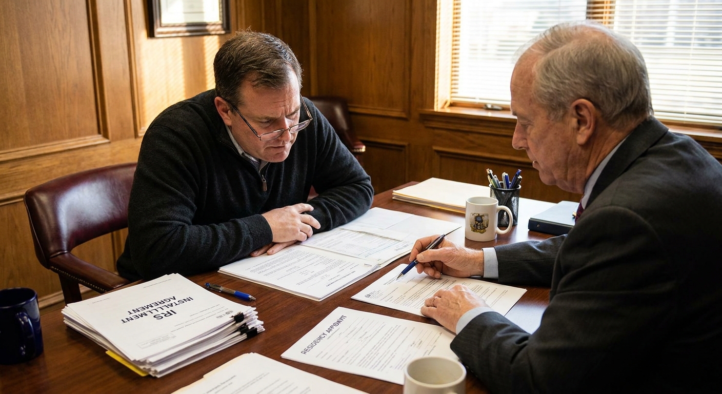 Persona revisando sus declaraciones de impuestos junto a un asesor legal